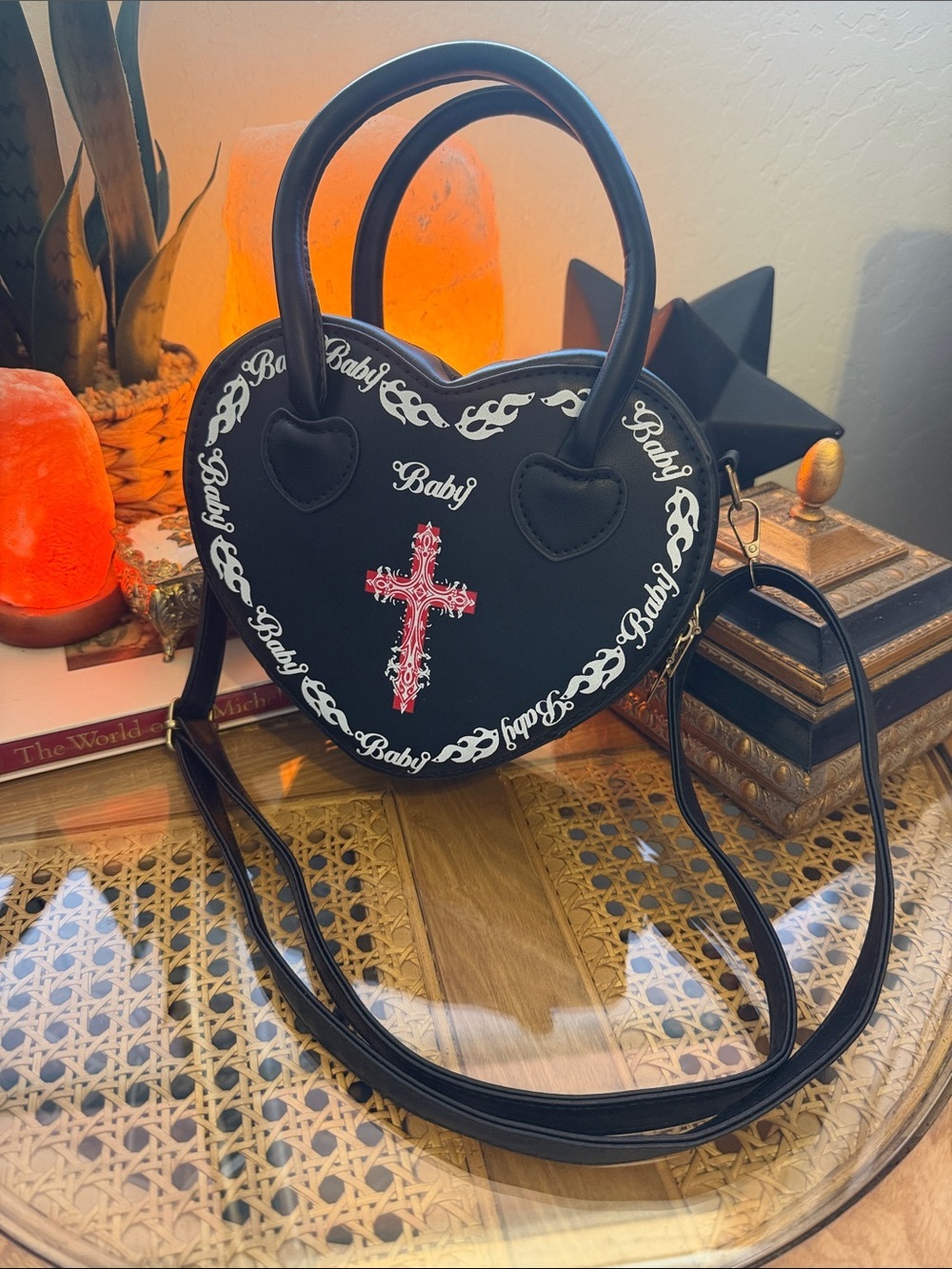 Heart-Shaped Black Cross Accent Handbag